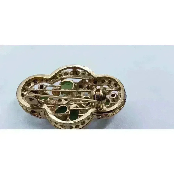 Vintage Brooch Jade 10k Gold Filled Rhinestone Accents art deco Flower Leaves - Picture 6 of 13